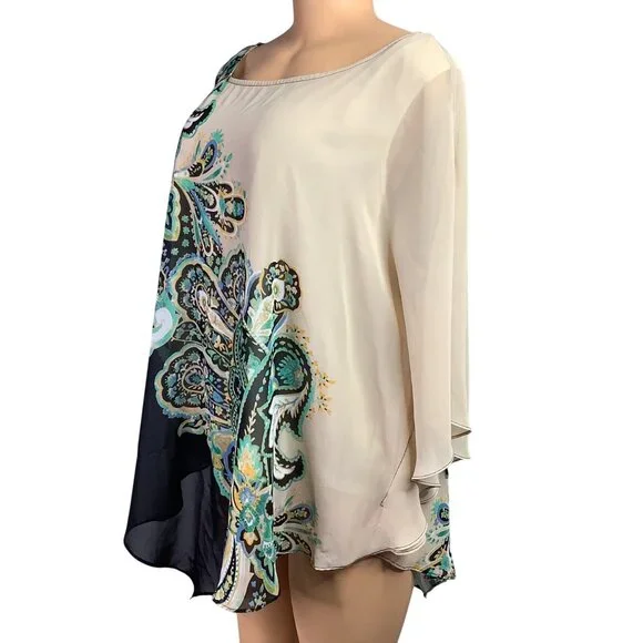 Dana Buchman Paisley Asymmetrical Top XXL Lightweight Chiffon Blouse Boho Plus - Picture 2 of 8